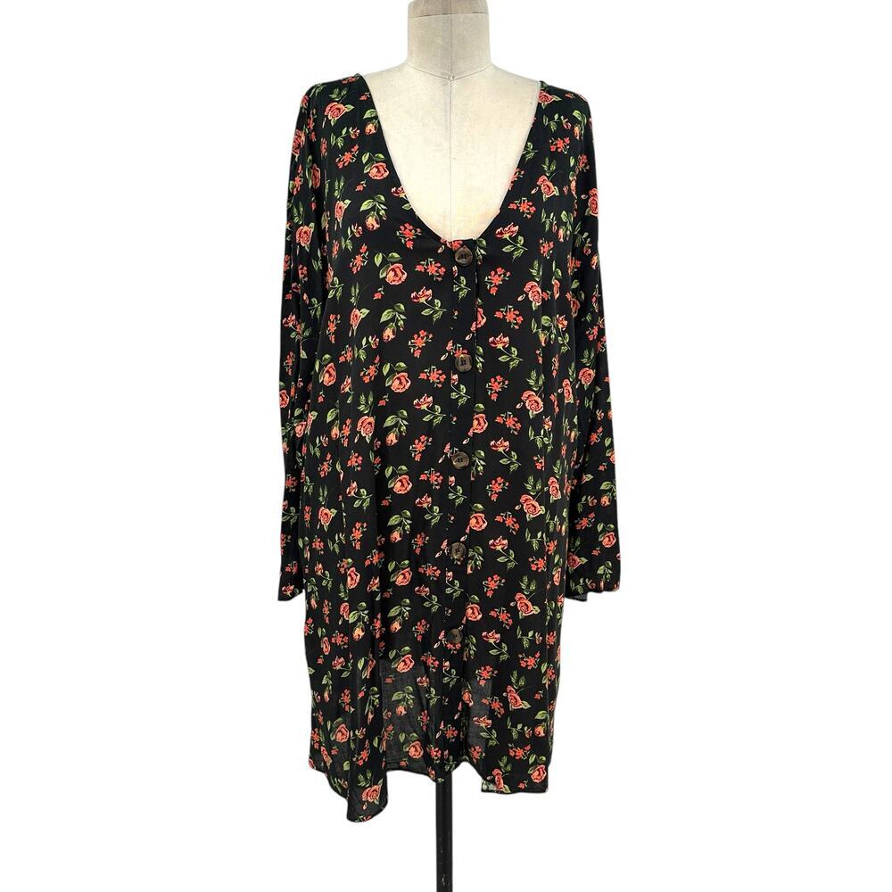 ASOS Floral Print‎ Black Pink Green Button Front Mini Tunic Dress Size US 12
